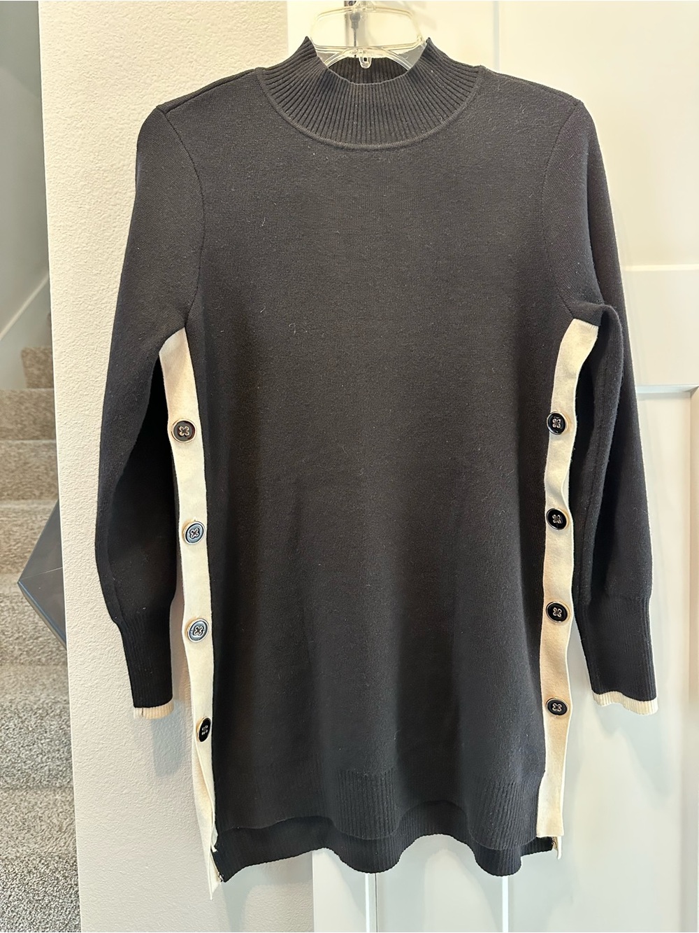 Chico's Black Tunic Sweater with Cream Side Plackets and Golden Buttons size S